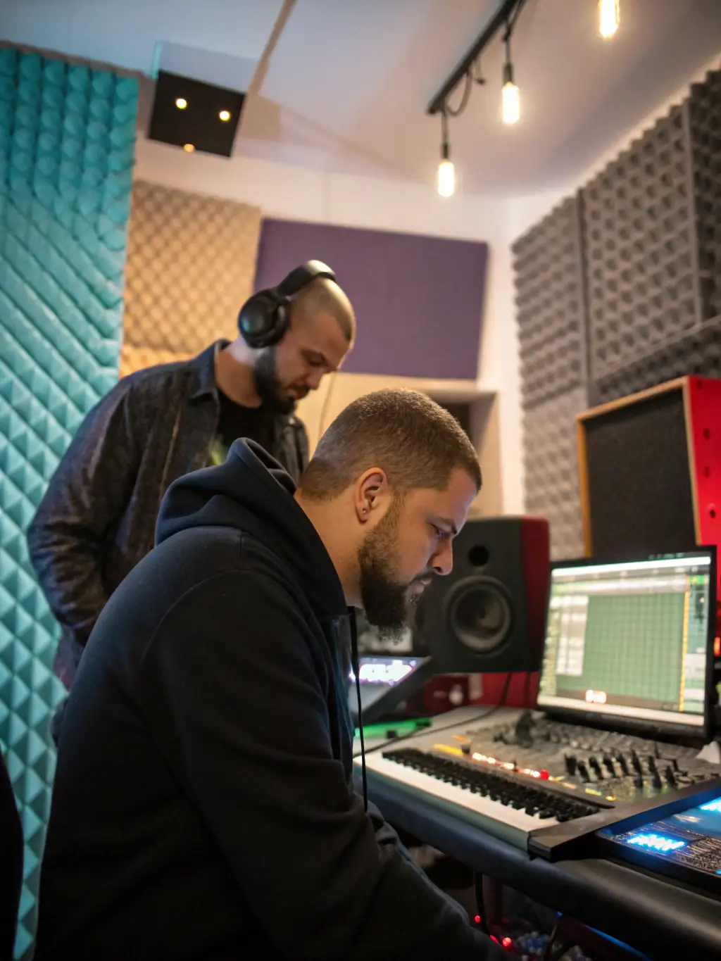A sound engineer working with an artist in a recording studio, illustrating the production resources available through PISTACHE.