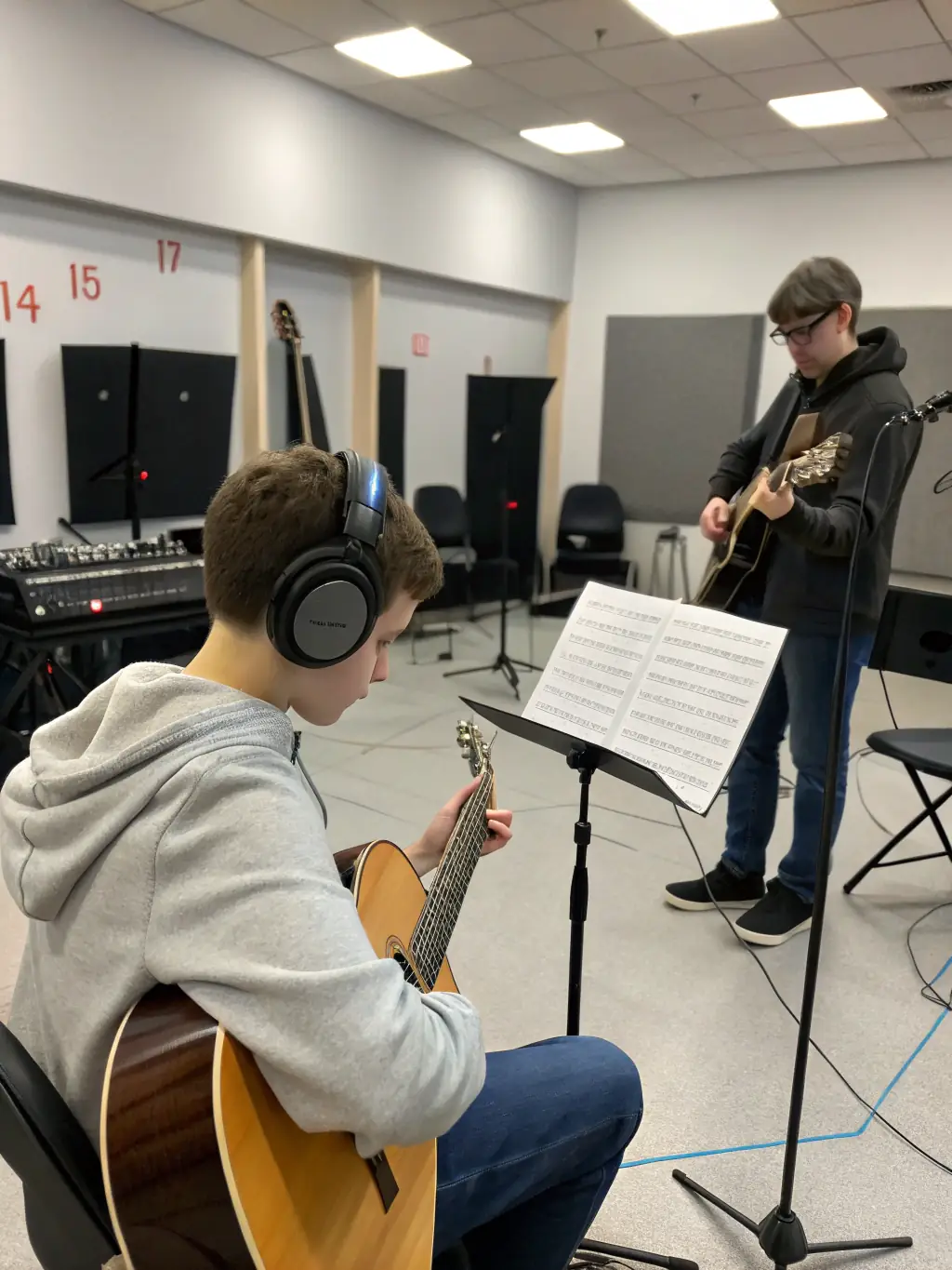 A young musician tuning a guitar in a professional-grade rehearsal space provided by PISTACHE, showcasing the access to quality facilities.
