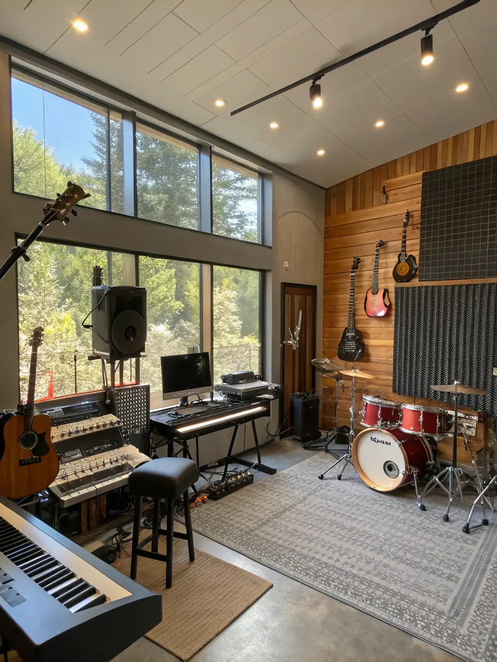 A vibrant image of a modern, well-equipped rehearsal studio with musicians actively practicing, showcasing a positive and collaborative atmosphere.
