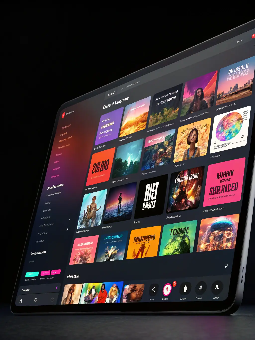 A visually engaging image depicting a digital music platform interface, prominently featuring tracks from emerging artists supported by PISTACHE.