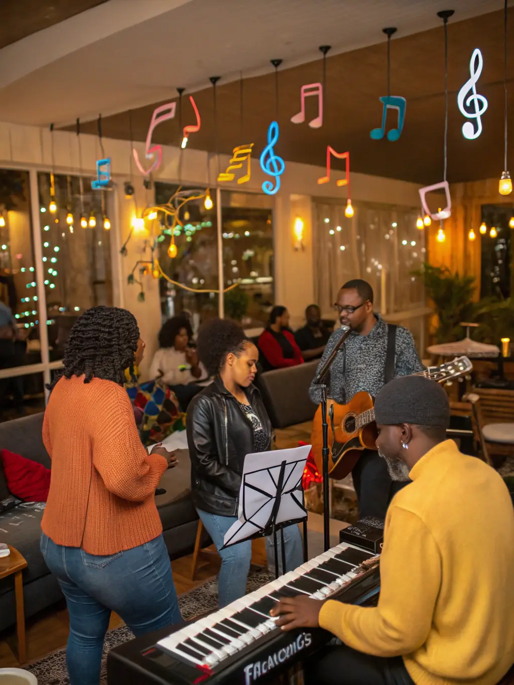 A diverse group of artists collaborating and networking at a PISTACHE-sponsored event, highlighting the community and networking benefits.