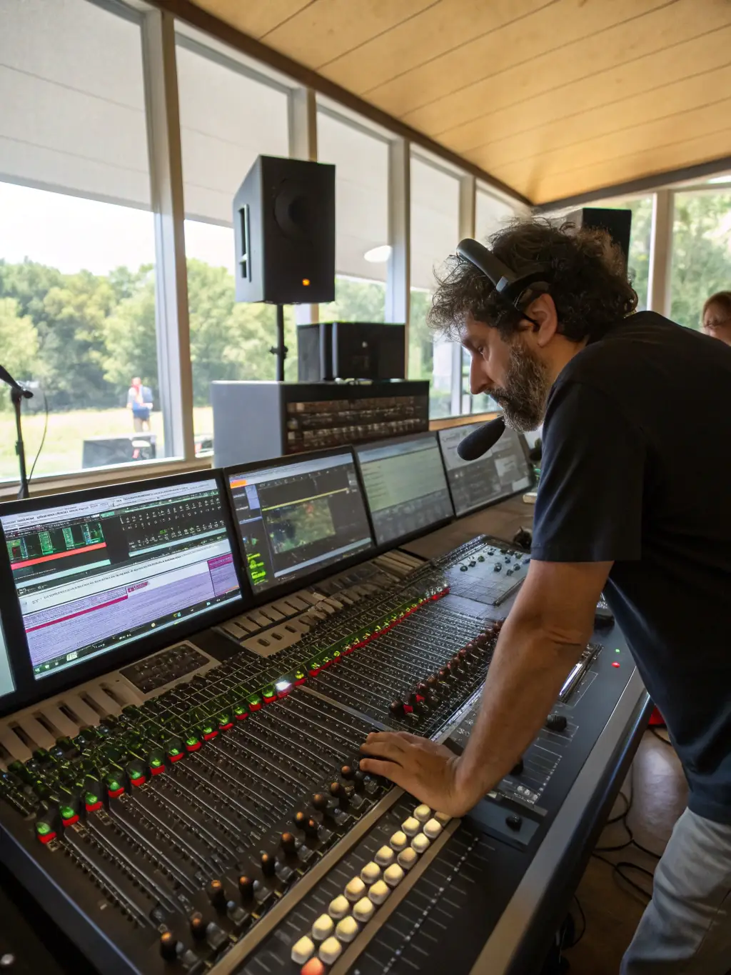 A focused image of a sound engineer working diligently with an artist in a recording studio, highlighting the use of mixing consoles and other audio equipment.