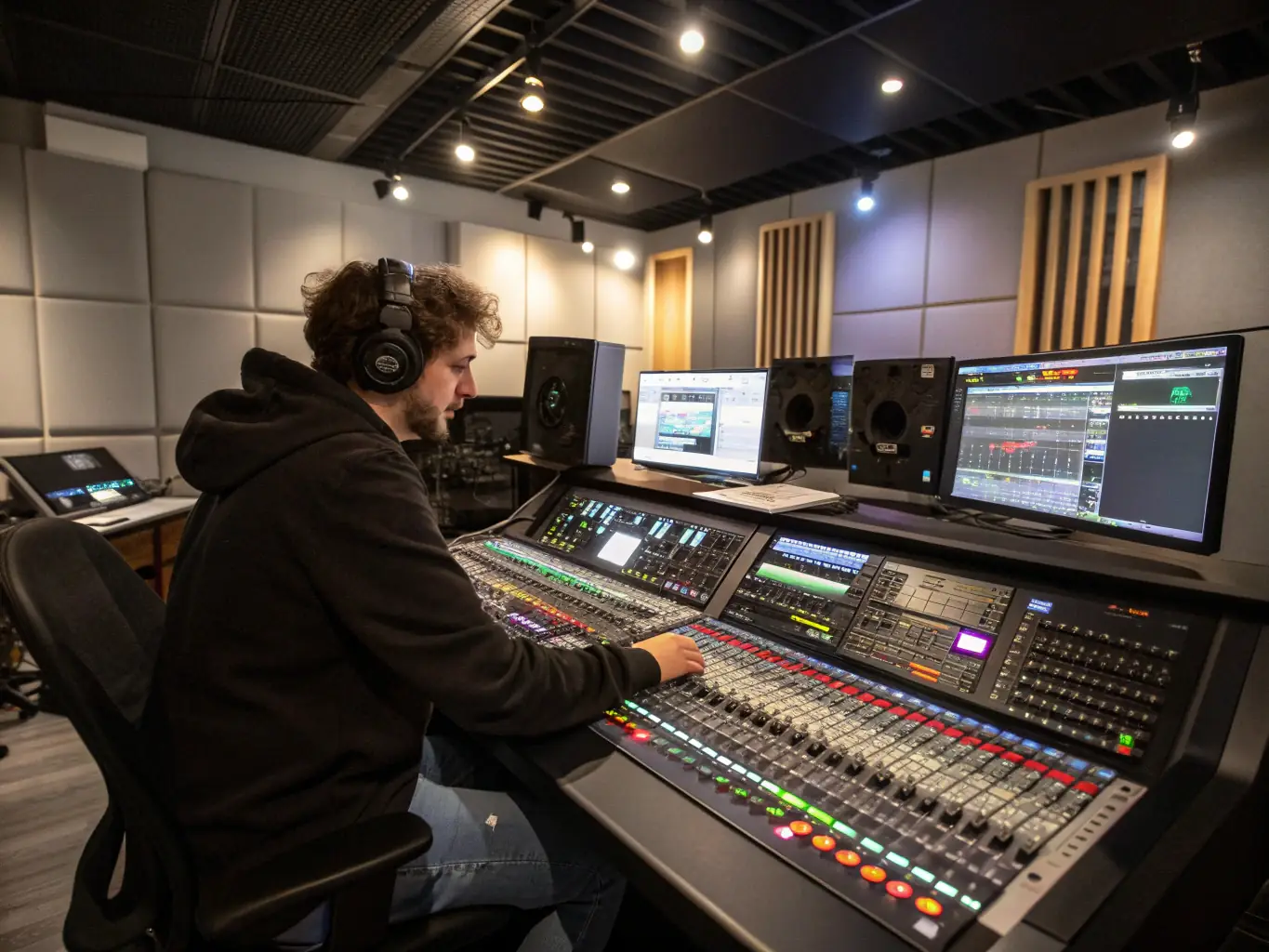 A behind-the-scenes shot of a music production session, highlighting the collaboration between a sound engineer and a musician.