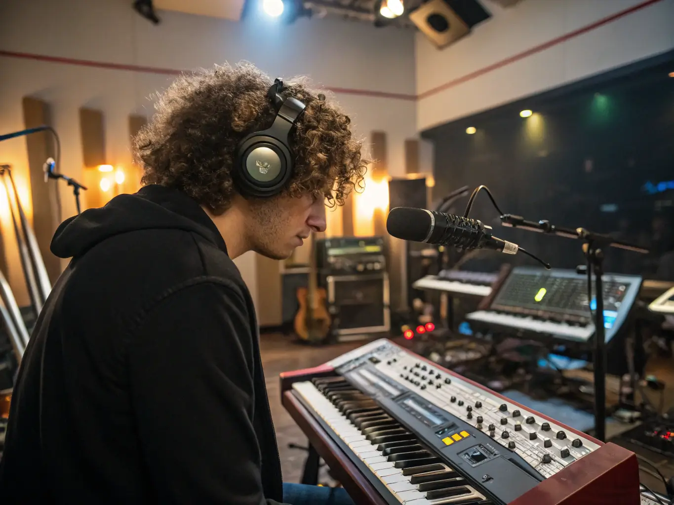 A modern recording studio with a young musician at the mixing console, focusing on the equipment and the artist's focused expression.